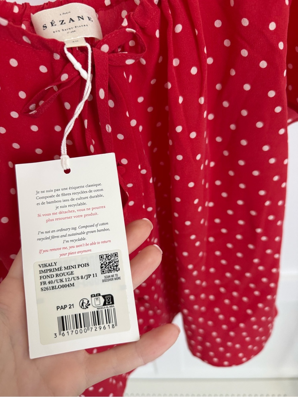 Sezane Vikaly Silk Blouse Red Polka Dot - Picture 4 of 9